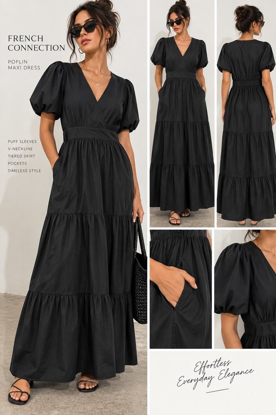 French Connection Poplin Maxi Dress Black Puff Sleeve Tiered Cotton Size L NWT